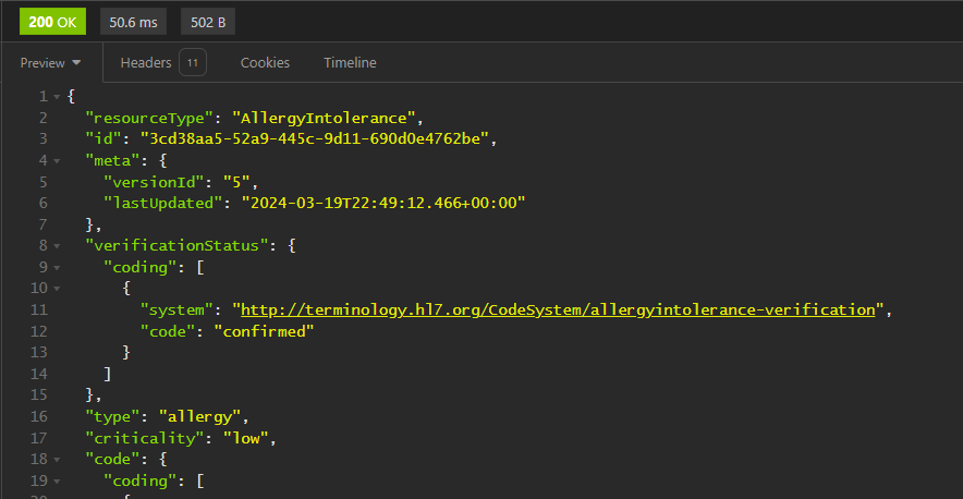 Screenshot of the FHIR resource that represents the new allergy.