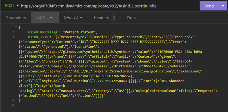 Screenshot of the FHIR bundle as JSON payload.