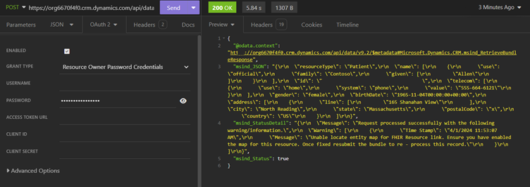 Screenshot of the successful implementation of the API request.