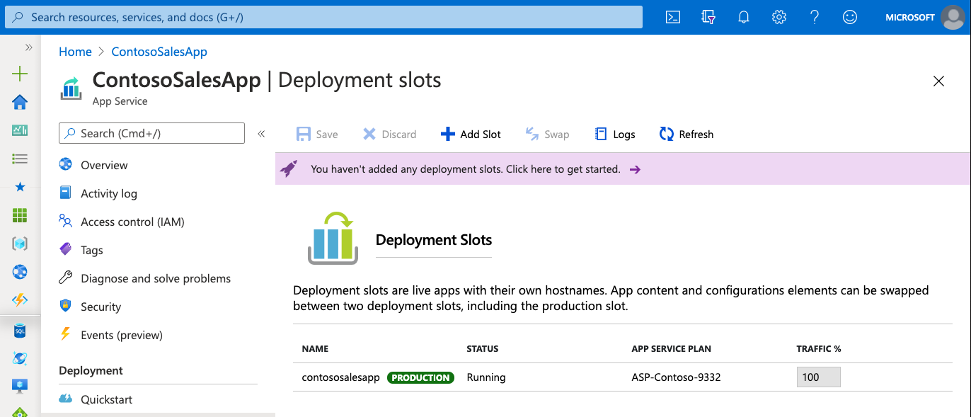 Screenshot of the staging deployment slot to test the deployments.