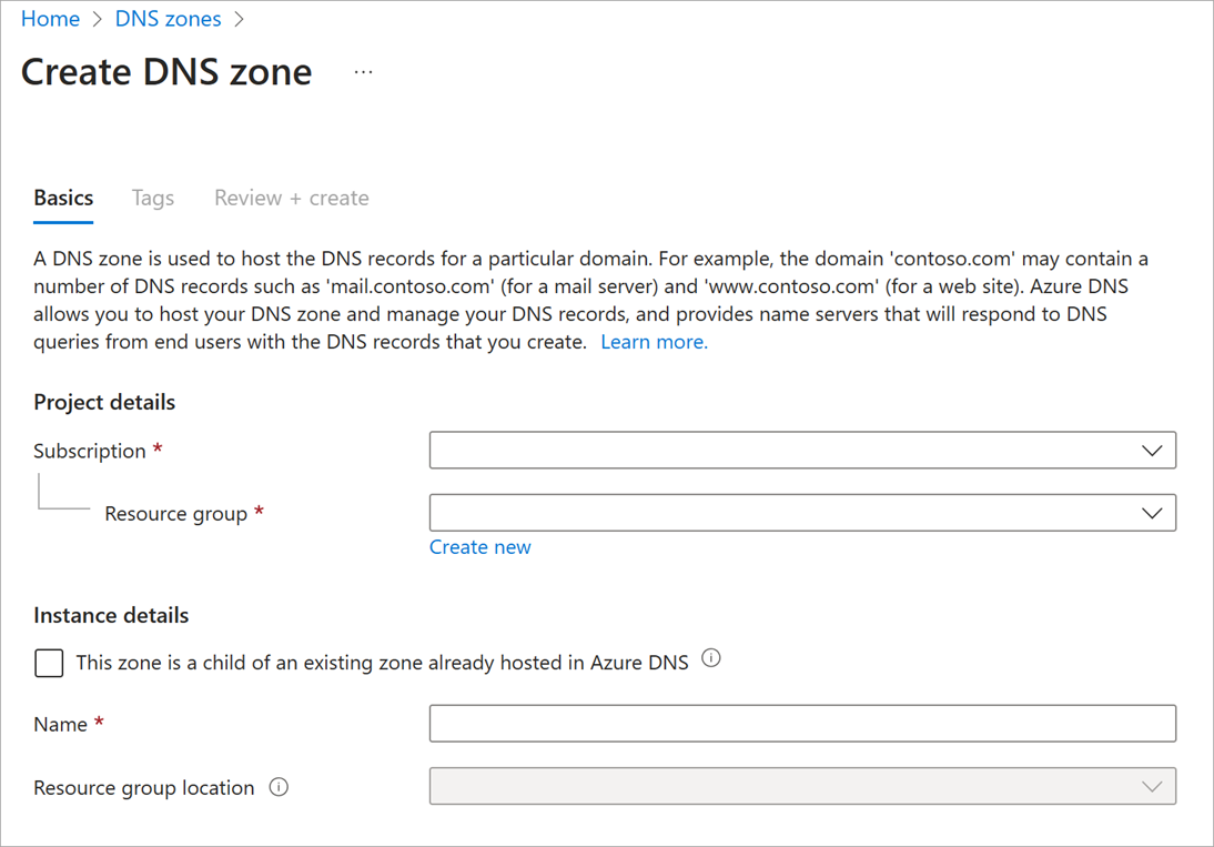 Screenshot of Create DNS zone page.