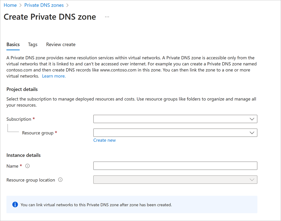 Screenshot of the Create Private DNS zone page.