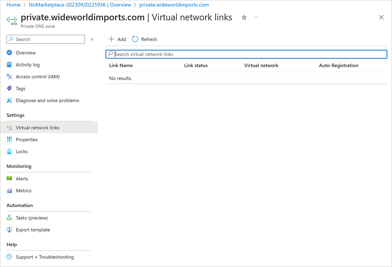 Screenshot of the Virtual Network Links page in a private DNS zone.