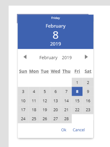 Screenshot of the Date Picker Control with color set by theme.