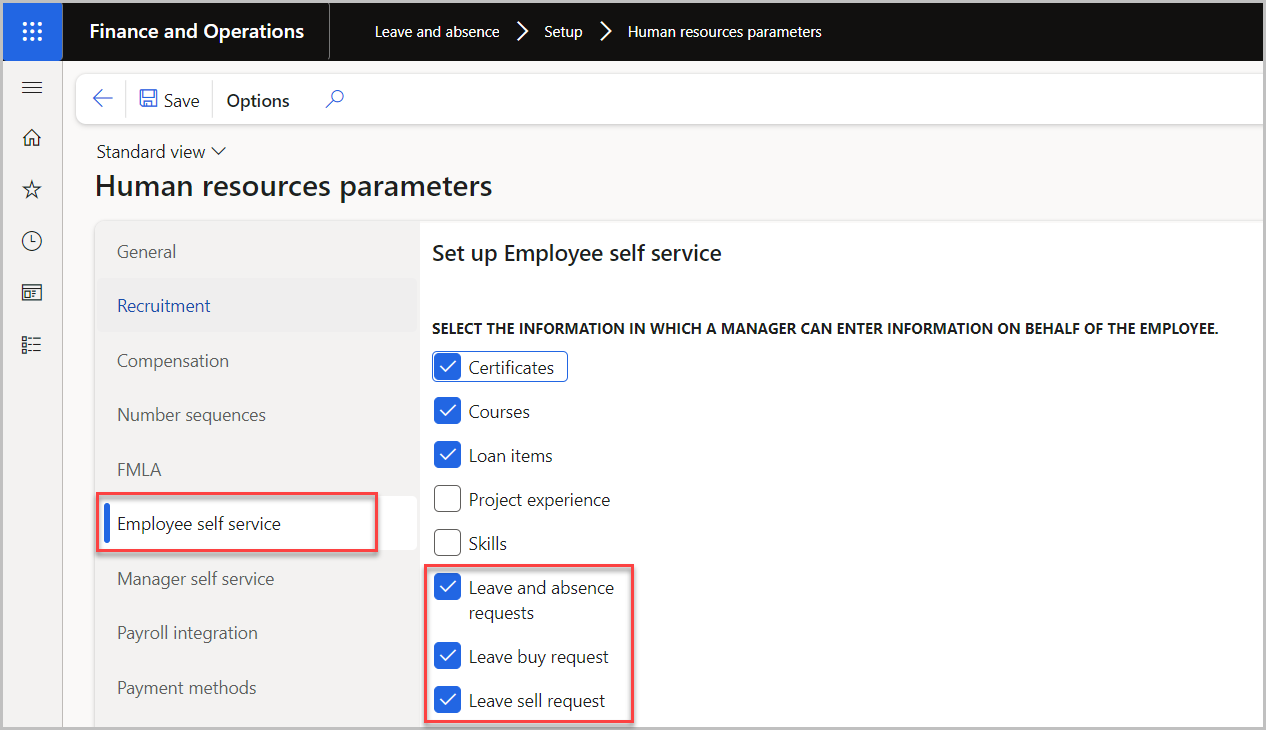 Screenshot of Employee self service selections.