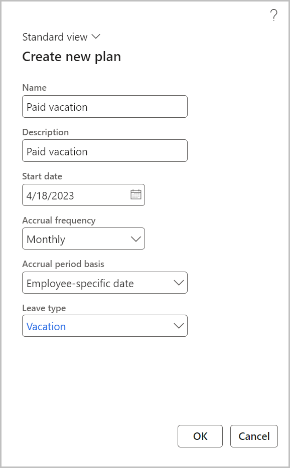 Screenshot of creating a new leave and absence plan.