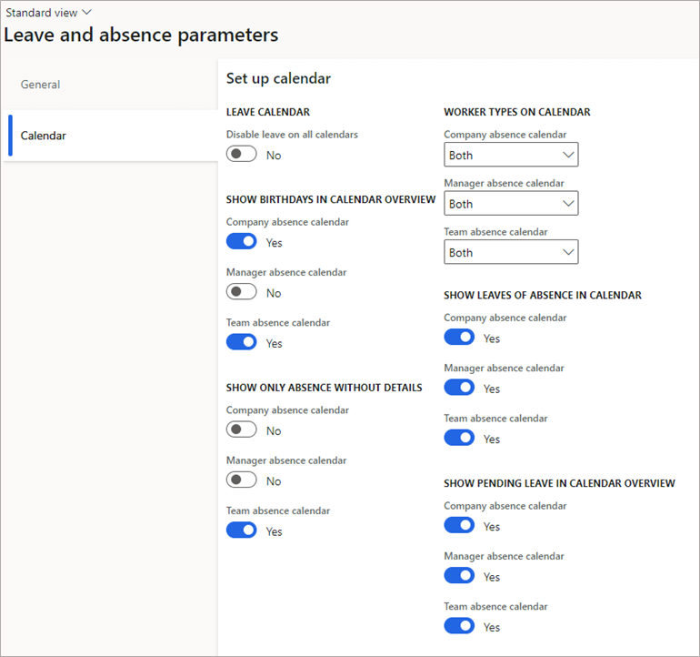 Screenshot of the Calendar tab on the Leave and absence parameters page.