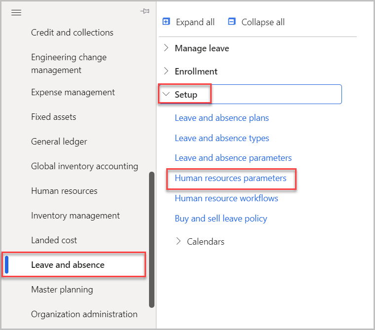 Screenshot of Human Resources with the Leave and absence tile selected and Setup for Human resources parameters.