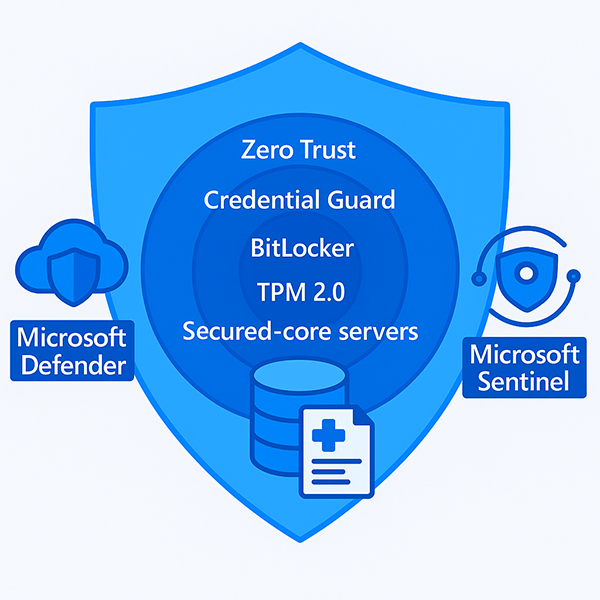 A diagram representing patient data protection with layers labeled Zero Trust, Credential Guard, BitLocker, TPM 2.0, and Secured-core servers.
