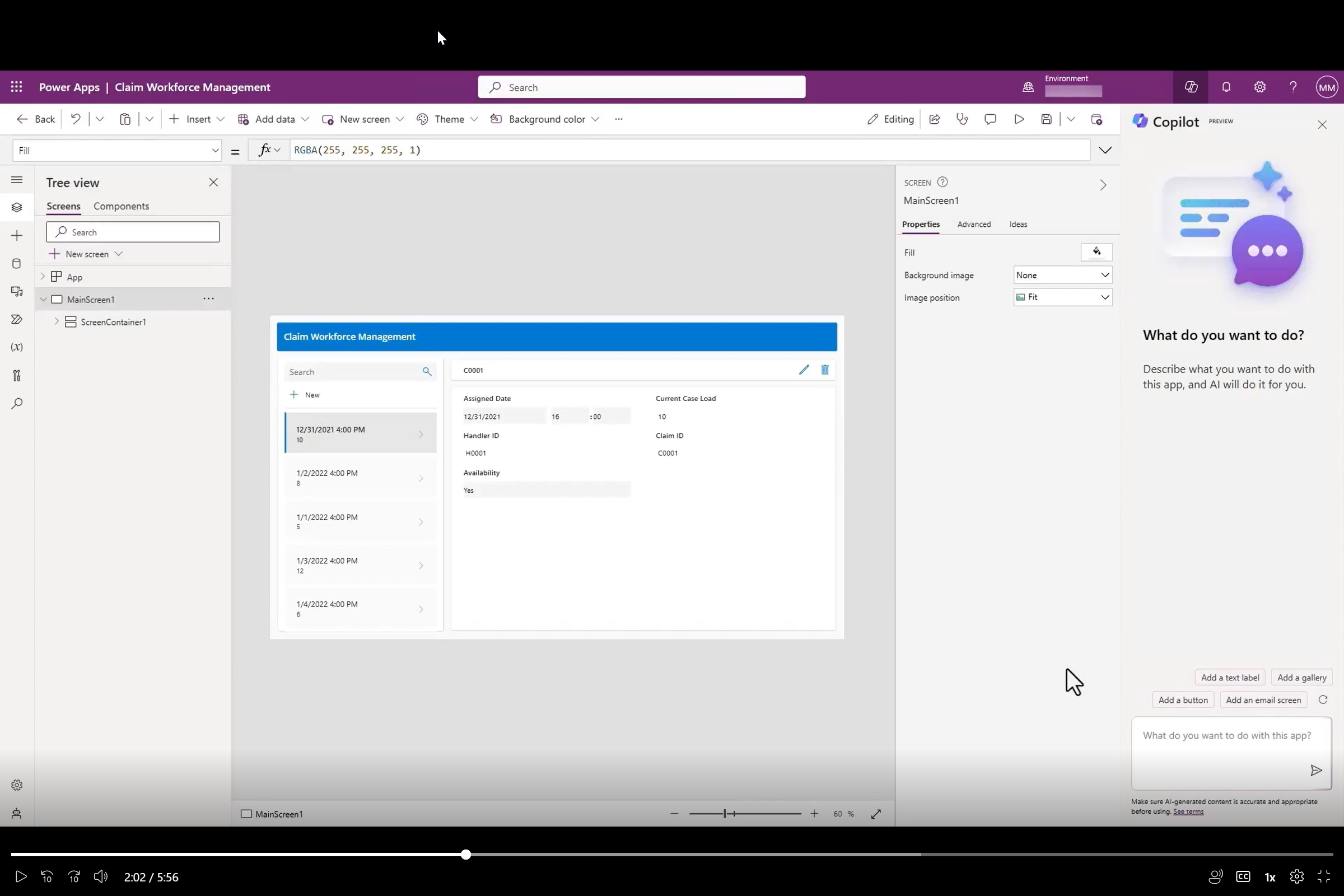 Screenshot of Power Apps Studio, showing the application being edited as suggested by Copilot in Process Mining.