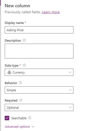 Screenshot of the New column screen configured based on the instructions in step 10.