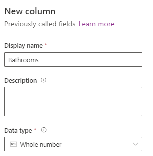 Screenshot of the New column screen configured based on the instructions in step 16.