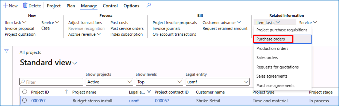 Screenshot of the process of creating a purchase order from a project. The option purchase orders is highlighted.