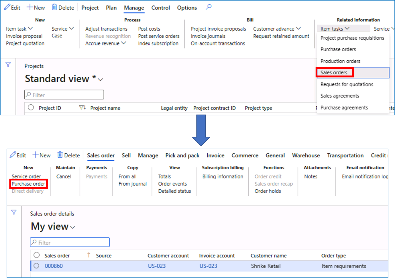 Screenshot of the creation of a purchase order from a sales order. The sales orders option is selected from the project page.