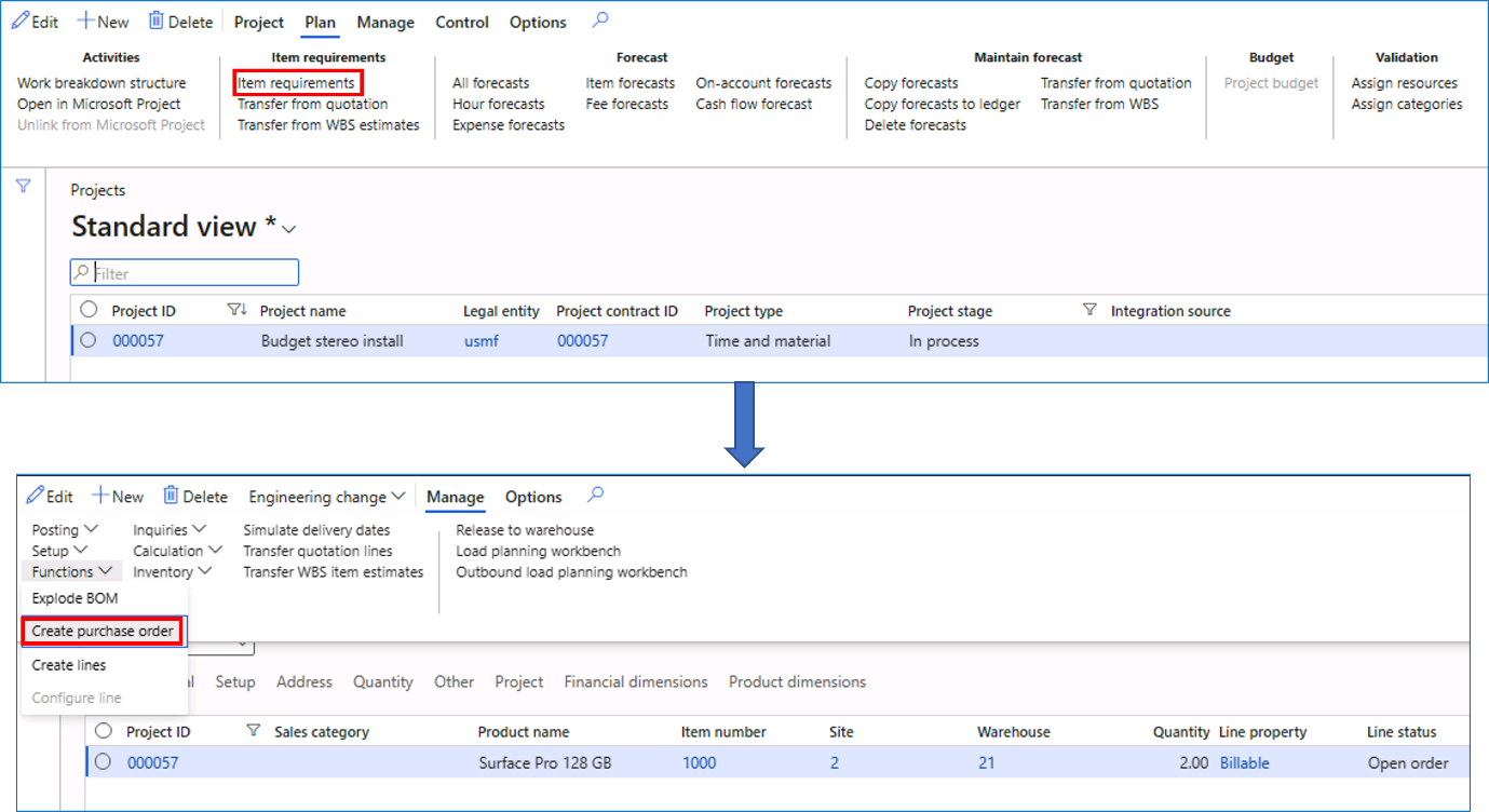 Screenshot of the creation of a purchase order from an item requirement.