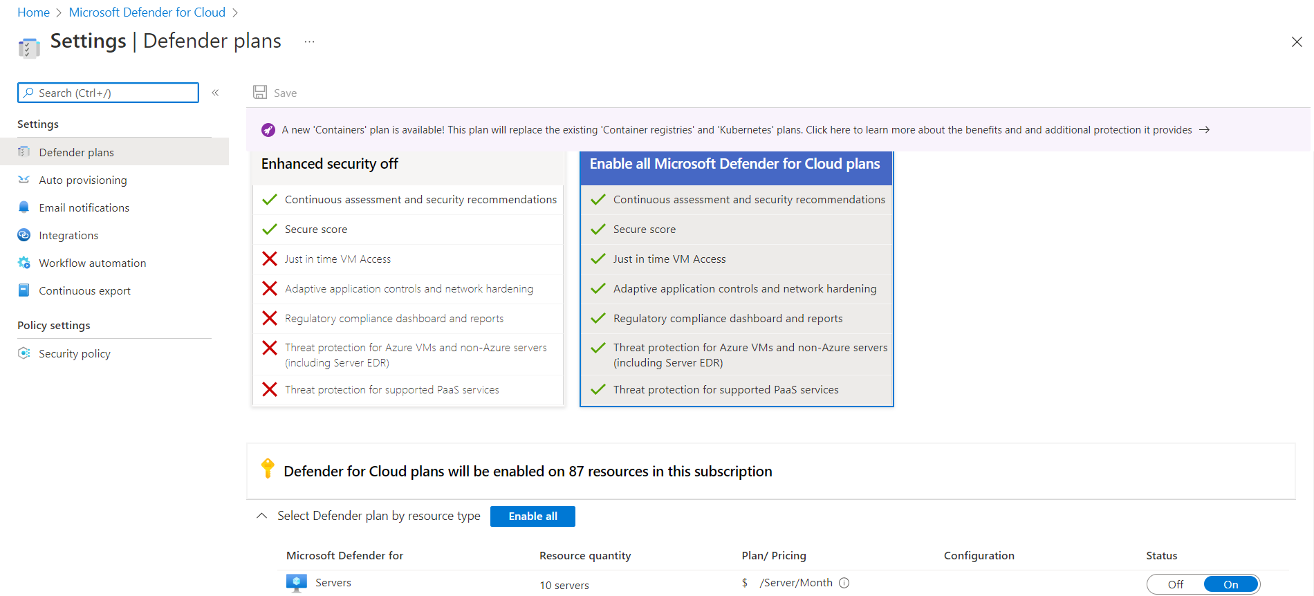 Screenshot that shows the Defender plans pane with the Defender for Cloud plans enabled.