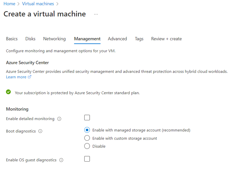Screenshot that shows the VM management options when creating a vm