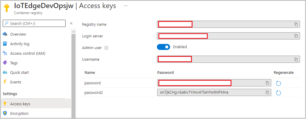 The illustration shows the access keys of Container Registry.