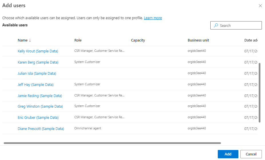 Screenshot of the Add users list showing available users.