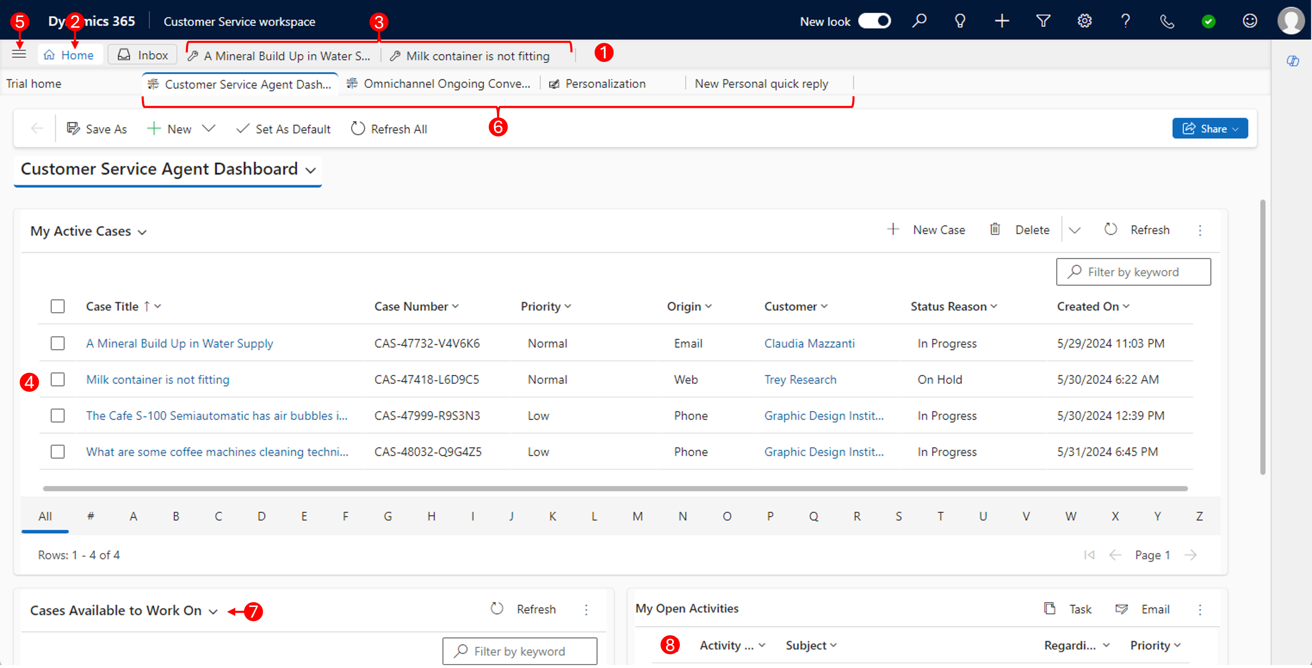 Screenshot of the Dynamics 365 Customer Service workspace with the items in the following table enumerated.