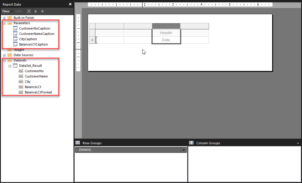 Screenshot of the RDLC layout for the report with Parameters and Datasets highlighted.