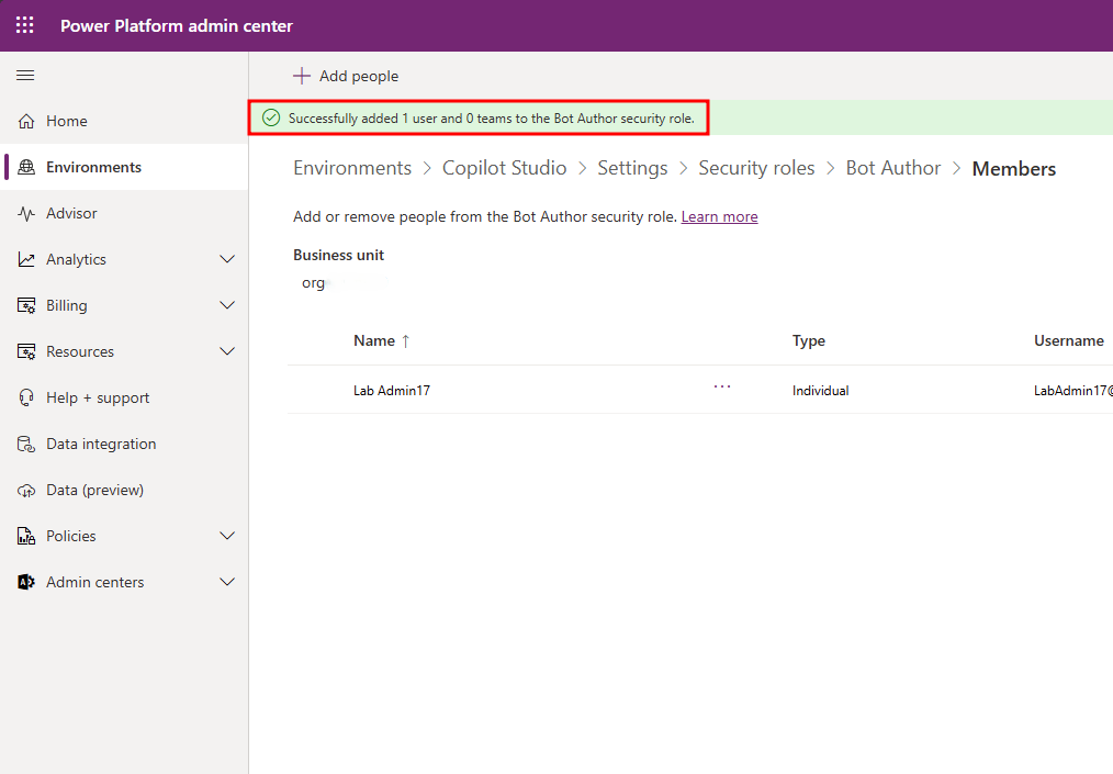 Message showing "Successfully added 1 user and 0 teams to the Bot Author security role."