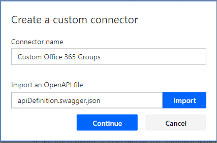 Screenshot of the Create a custom connector dialog with Import an Open A P I file set to apiDefinition.swagger.json.