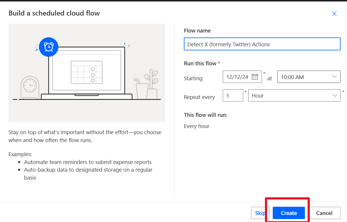 Screenshot of Build a scheduled flow with Flow name set to Detect Twitter Actions.