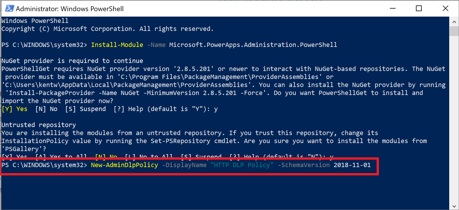 Screenshot of PowerShell H T T P D L P policy.