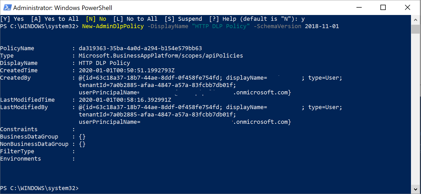 Screenshot of PowerShell results showing PolicyName, Type, DisplayName, CreatedTime, CreatedBy, and other attributes.