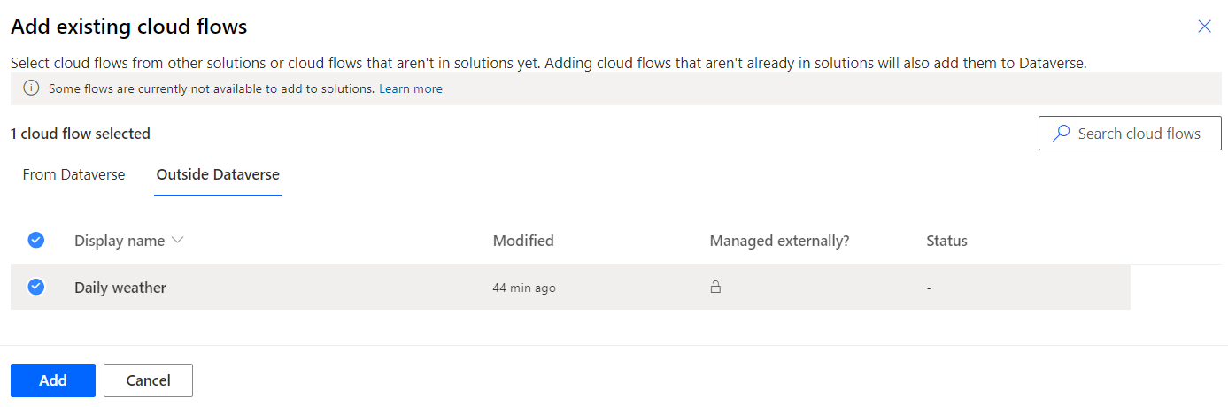 Screenshot showing the Add existing cloud flows to solution dialog.