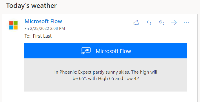 Screenshot of an email sent by the cloud flow for Phoenix weather.