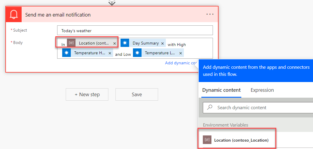 Screenshot of the process of adding a dynamic component for the email notification.
