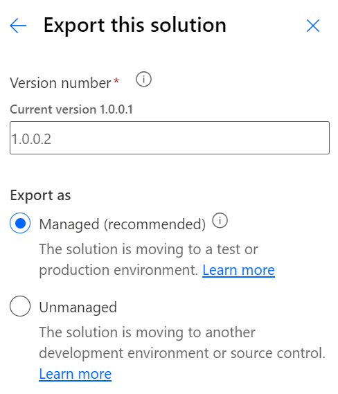 Screenshot of the Version number and Export as options in the Export this solution prompt.