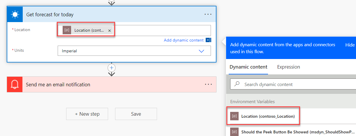 Screenshot showing the selection of a dynamic component for the email notification.