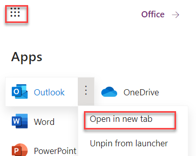 Screenshot of the app launcher with the Outlook option selected and the Open in new tab button highlighted.