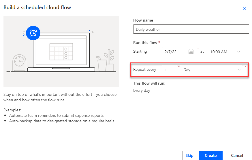 Screenshot of Build a scheduled cloud flow configuration.