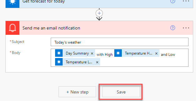 Screenshot of the Send me an email notification flow step with the Save button highlighted.