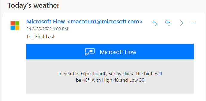 Screenshot of an email sent by the cloud flow for Seattle weather.