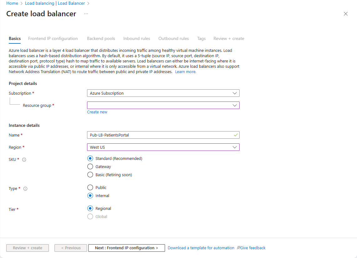 Screenshot that shows the Basics tab of the Create a Load Balancer screen in the Azure portal.