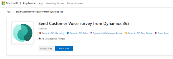Screenshot showing the Send Customer Voice survey from Dynamics 365 app in the Microsoft AppSource website.