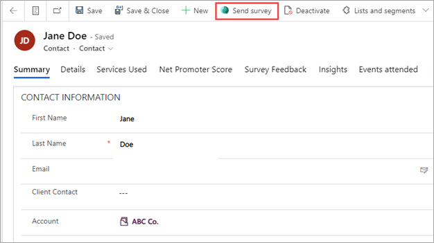 Screenshot of a contact record in Dynamics 365 Customer Engagement, showing the Send Survey button in the top ribbon of the record.