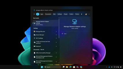 Gif that shows searching for system settings using natural language in Windows.