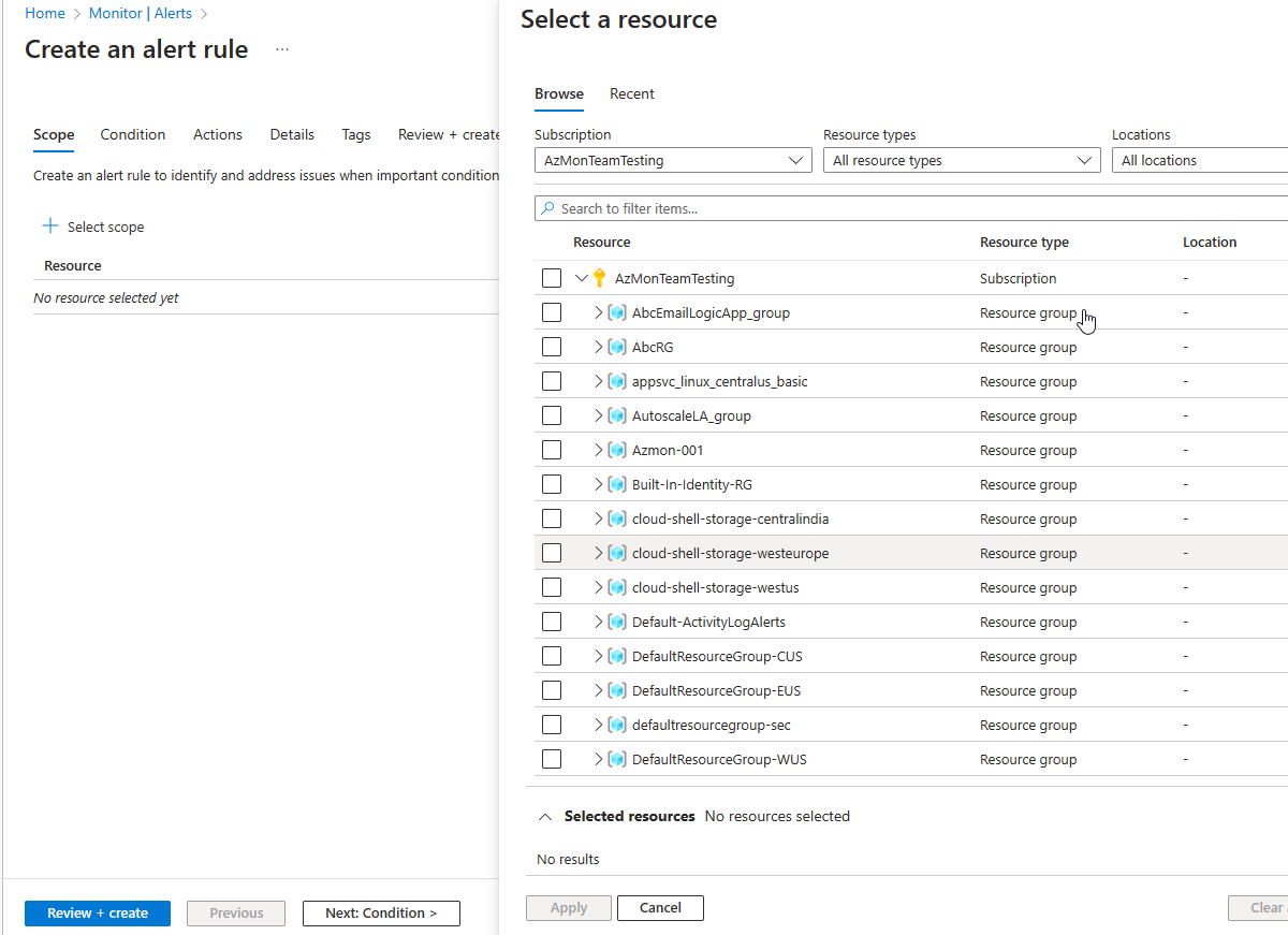 Screenshot of the "Create rule" page for Azure Monitor in the Azure portal.