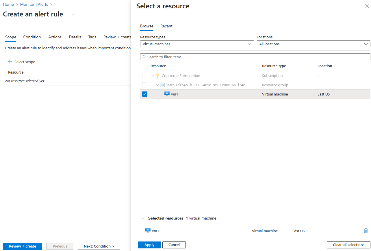 Screenshot that shows the 'Select a resource' pane, with `vm1` selected.