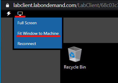 Screenshot of the lab with the PC icon selected and the Fit Window to Machine option highlighted.