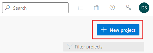 Screenshot of Azure DevOps with new project button highlighted.