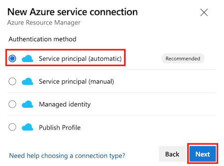 Screenshot of Azure DevOps that shows the 'Create service connection' page, with the Service principal (automatic) option highlighted.