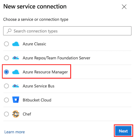 Screenshot of Azure DevOps that shows the Azure Resource Manager service connection type highlighted.
