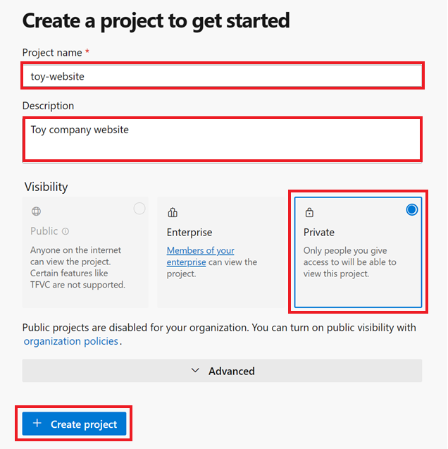 Screenshot of Azure DevOps Create a project to get started pane that shows project name and visibility options highlighted.